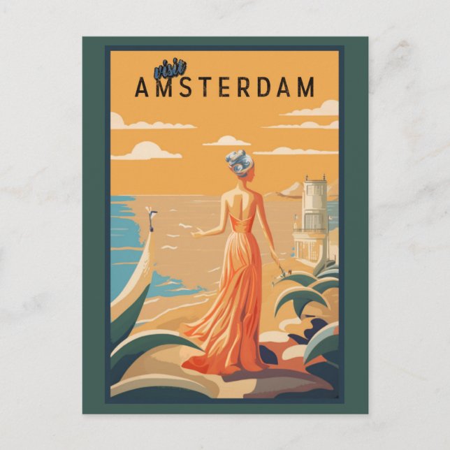 Vintage Visit Amsterdam Dutch Woman Travel Tourism Postcard (Front)