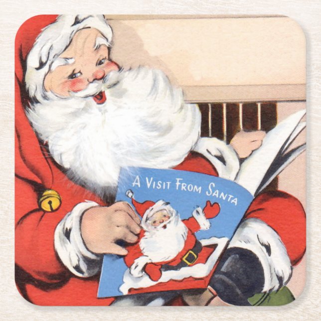 Vintage Visit From Santa Claus Square Paper Coaster (Front)