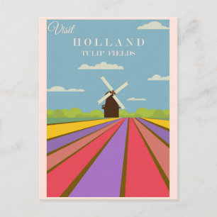 Vintage Visit Holland Tulip Fields Travel Poster Postcard