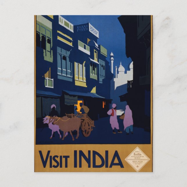 Vintage Visit India Travel Poster Postcard (Front)