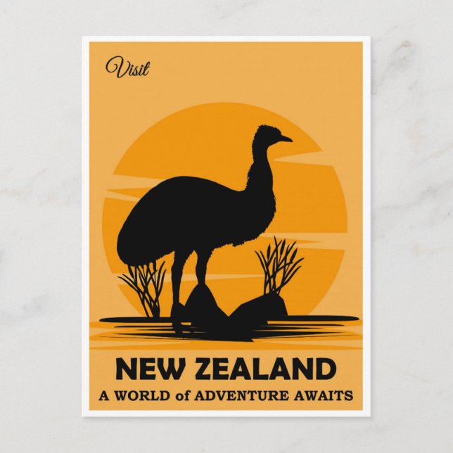 Vintage Visit New Zealand Emu Travel Postcard (Front)