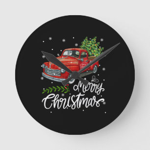 Vintage Wagon Red Truck Christmas Tree Pajama Fami Round Clock