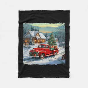 Vintage Wagon Red Truck Merry Christmas Tree Snow Fleece Blanket