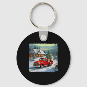 Vintage Wagon Red Truck Merry Christmas Tree Snow  Key Ring