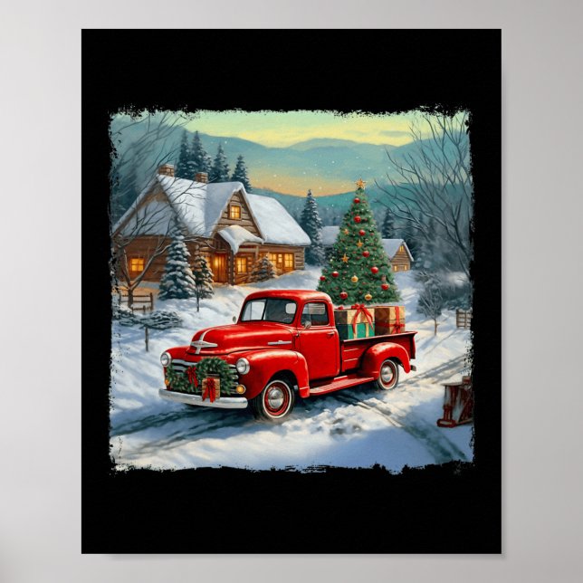 Vintage Wagon Red Truck Merry Christmas Tree Snow  Poster (Front)