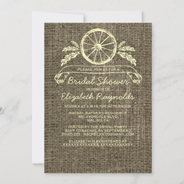 Vintage Wagon Wheel Bridal Shower Invitations (Front)