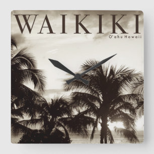 Vintage Waikiki Hawaiian Palm Square Wall Clock