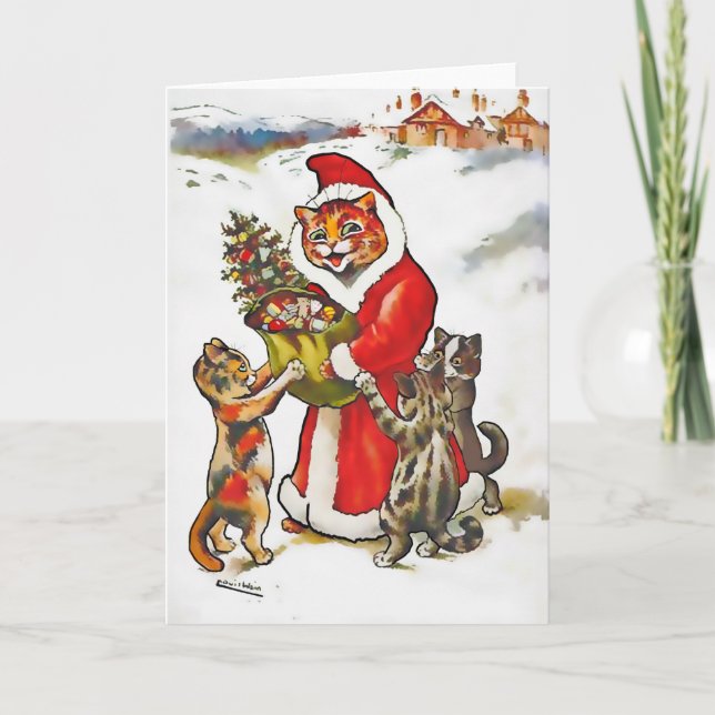 Vintage Wain Santa Claws Cat Kitten Christmas Card (Front)