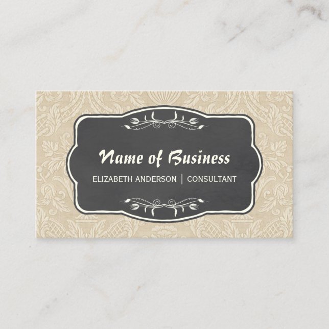 Vintage Wallpaper Beige Damask and Chalkboard Business Card (Front)