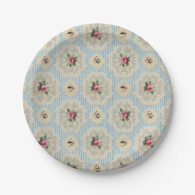 Vintage wallpaper pink blue floral paper plates (Front)