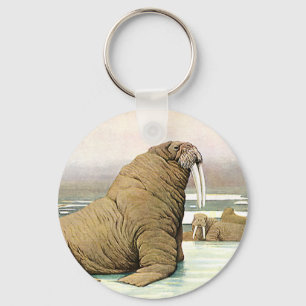 Vintage Walrus on Iceberg in Arctic, Wild Animals Key Ring