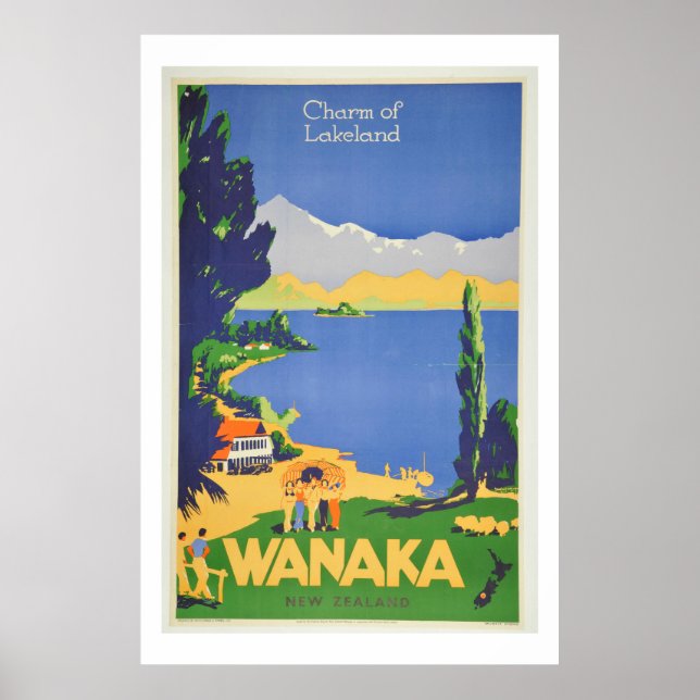Vintage Wanaka New Zealand Lakeland Travel Poster (Front)