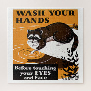 Vintage Wash Your Hands Racoon, Virus Free, ZSSG Jigsaw Puzzle