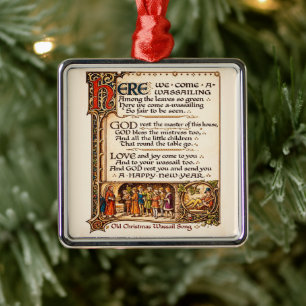 Vintage Wassail Song Illuminated Manuscript Art  Metal Tree Decoration
