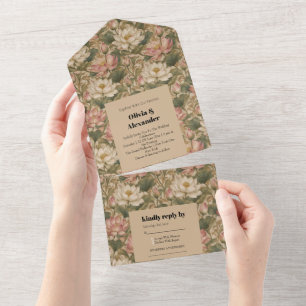 Vintage Water Lotus Botanical Floral Pattern All In One Invitation