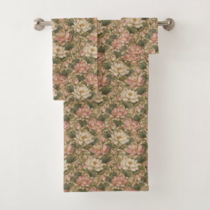 Vintage Water Lotus Botanical Floral Pattern Bath Towel Set