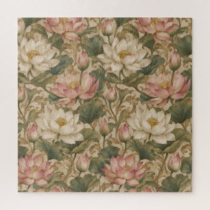Vintage Water Lotus Botanical Floral Pattern Jigsaw Puzzle