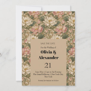 Vintage Water Lotus Botanical Floral Pattern Save The Date