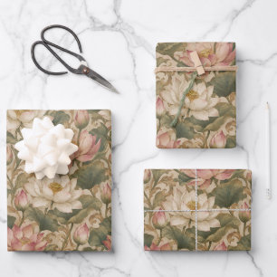 Vintage Water Lotus Botanical Floral Pattern Wrapping Paper Sheet