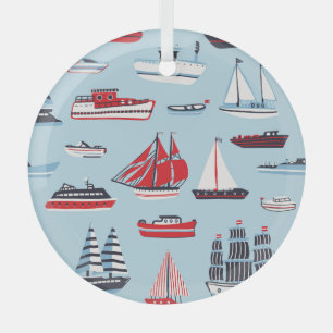Vintage Water Transport Doodle Pattern Glass Tree Decoration