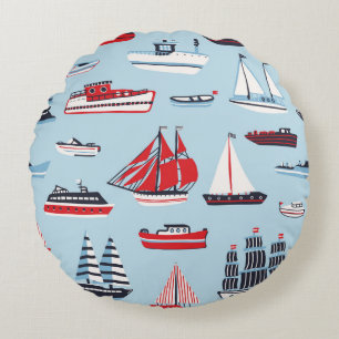 Vintage Water Transport Doodle Pattern Round Cushion