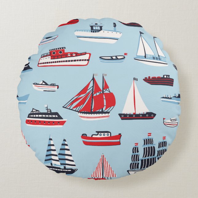 Vintage Water Transport Doodle Pattern Round Cushion (Front)