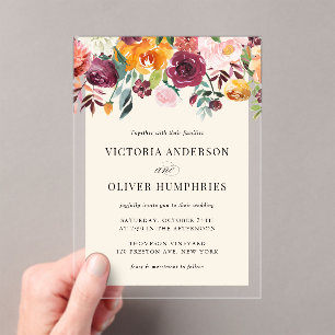 Vintage Watercolor Autumn Blooms Floral Wedding Acrylic Invitations