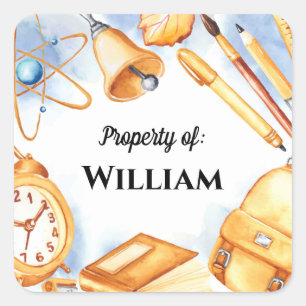 Vintage Watercolor Back to School Kids Name Square Sticker