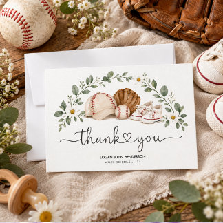Vintage Watercolor Baseball First Birthday Thank You Card