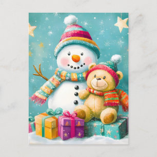 Vintage Watercolor Bear Snowman Christmas Joy Holiday Postcard