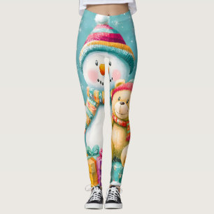 Vintage Watercolor Bear Snowman Christmas Joy Leggings