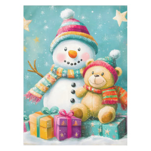 Vintage Watercolor Bear Snowman Christmas Joy Tablecloth