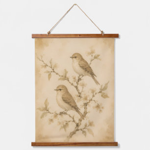 Vintage Watercolor Birds Botanical Wall Tapestry
