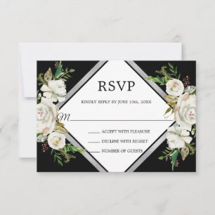 Vintage Watercolor Black White Floral RSVP Card