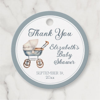 Vintage Watercolor Blue Baby Carriage Personalised Favour Tags