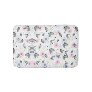 Vintage Watercolor Blue Butterfly & Pink Floral Bath Mat