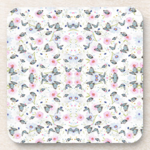 Vintage Watercolor Blue Butterfly & Pink Floral Coaster