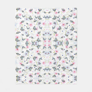 Vintage Watercolor Blue Butterfly & Pink Floral Fleece Blanket