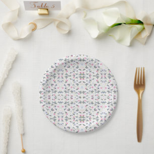 Vintage Watercolor Blue Butterfly & Pink Floral Paper Plate