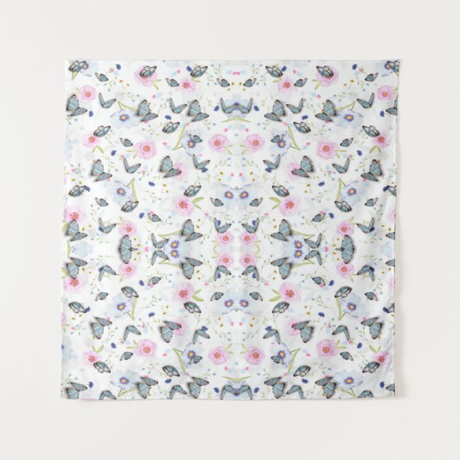 Vintage Watercolor Blue Butterfly & Pink Floral Tapestry (Front)