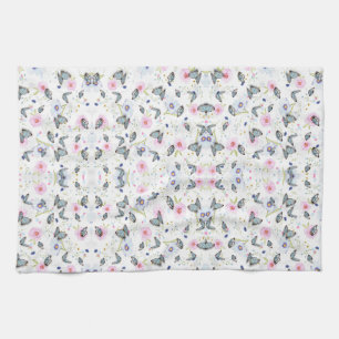Vintage Watercolor Blue Butterfly & Pink Floral Tea Towel