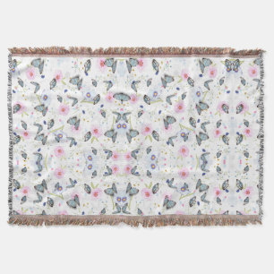 Vintage Watercolor Blue Butterfly & Pink Floral Throw Blanket