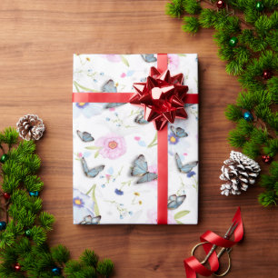 Vintage Watercolor Blue Butterfly & Pink Floral Wrapping Paper
