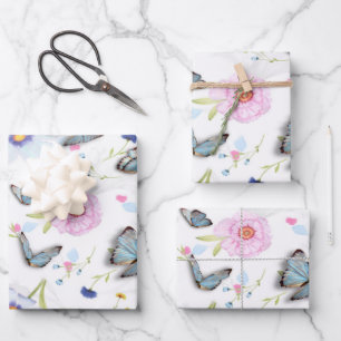 Vintage Watercolor Blue Butterfly & Pink Floral Wrapping Paper Sheet