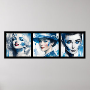 vintage watercolor blue girls 3/3 all in one poster
