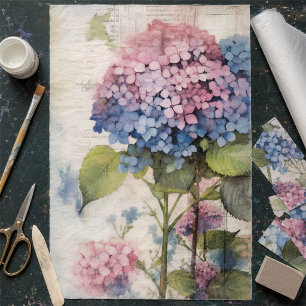 Vintage Watercolor Blue Pink Hydrangea Decoupage Tissue Paper