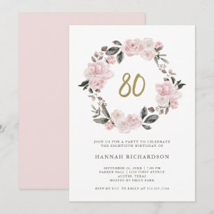 Vintage Watercolor Blush Floral   80th Birthday Invitation