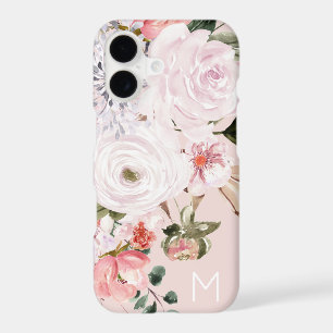 Vintage Watercolor Blush Pink Peony Rose Monogram