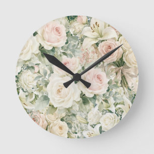 Vintage Watercolor Blush Pink Rose & Lily Floral Round Clock