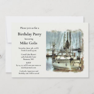 Vintage Watercolor Boat Mens Birthday Invitation